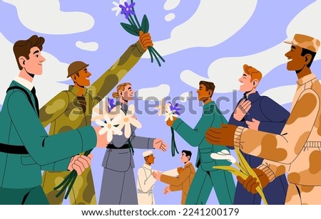 Peace, stop war concept. People, soldiers celebrating end, finish of conflict. International peaceful happy humans with flowers at celebration of victory, love and support. Flat vector illustration