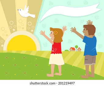 Peace - A stylized sunrise in a field with a boy and a girl cheering up for a flying dove. Includes a blank area to add a title. Eps10