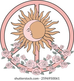 peace sun moon hippy floral pink girly Trending Script Slogan Graphic Tee t-shirt logo artwork typography tote badge emblem crest 
