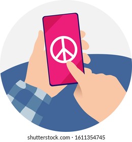 Peace, swipe touch peace on smartphone. Hand holding a smartphone, peace symbol on the red screen. EPS 10.
