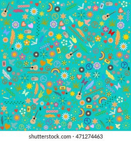 Peace symbol and attributes to the hippie vector pattern 