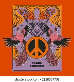 peace symbol with birds and berries, vintage poster in 70s style