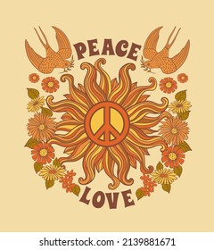 peace symbol with birds and flowers, vintage print on t shirt in 70s style