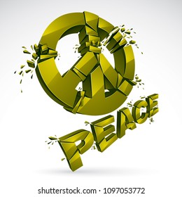 Peace Symbol breaking to pieces vector 3d realistic illustration, broken peace, antiwar meeting and protest demonstration like hippies and pacifists in 60s, against military conflicts and killings.