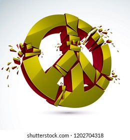 Peace Symbol breaking to pieces vector 3d realistic illustration, broken peace, antiwar meeting and protest demonstration like hippies and pacifists in 60s, against military conflicts and killings.