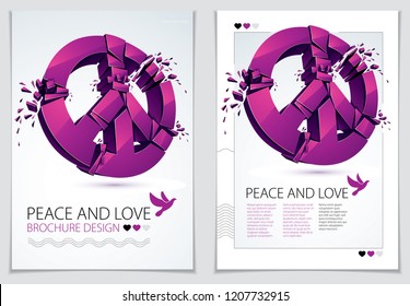 Peace Symbol breaking to pieces vector 3d realistic illustration and flyer, broken peace, antiwar meeting and protest demonstration like hippies and pacifists in 60s, against military conflicts.