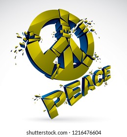 Peace Symbol breaking to pieces vector 3d realistic illustration, broken peace, antiwar meeting and protest demonstration like hippies and pacifists in 60s, against military conflicts and killings.