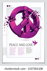 Peace Symbol breaking to pieces vector 3d realistic illustration and flyer, broken peace, antiwar meeting and protest demonstration like hippies and pacifists in 60s, against military conflicts.