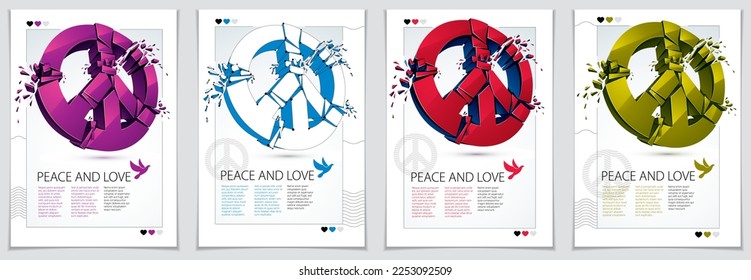 Símbolo de paz que rompe en pedazos vectorial 3d ilustración realista y volante, paz quebrada, reunión antiguerra y manifestación de protesta como hippies y pacifistas en los 60, contra conflictos militares.