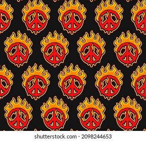 Peace symbol burn in fire seamless pattern .Vector cartoon graphic illustration wallpaper background design.Trippy psychdelic peace,fire print seamless pattern