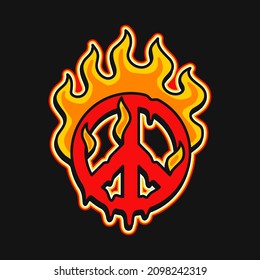 Peace symbol burn in fire t-shirt print .Vector cartoon graphic illustration logo design.Trippy psychdelic peace,fire print for poster,t-shirt,logo concept