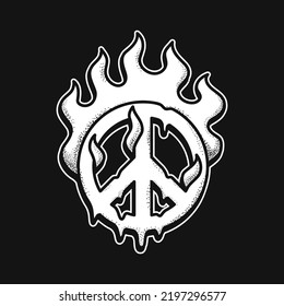 Peace symbol burn in fire t-shirt print .Vector cartoon graphic illustration logo design