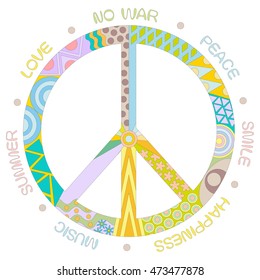 Peace symbol concept with different words, isolated on white background