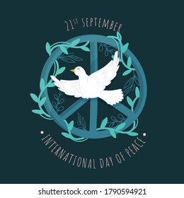 Peace Symbol Decorated With Leaves And Flying Dove On Green Background For 21st September.