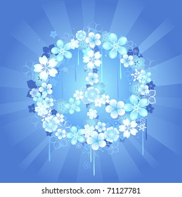 peace symbol of delicate white and blue flowers on a blue background radiant.