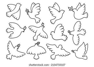 Peace symbol dove contour outline set. Flying bird dove with olive branch line sign, peace and love pigeon icon. Freedom, humanity emblem peaceful and no war concept. Isolated logo design elements