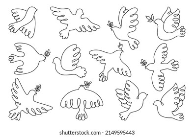 Peace Symbol Dove Doodle Outline Set. Flying Bird Dove With Olive Branch Line Sign, Peace And Love Pigeon Icon. Freedom, Humanity Emblem Peaceful And No War Concept. Isolated Logo Design Elements