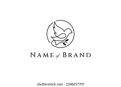 Peace symbol dove logo bring leaf twig in circle frame in linear design style