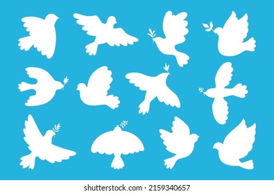 Peace symbol dove set  Flying bird dove and olive branch sign  peace   love pigeon icon  Freedom  humanity emblem peaceful   no war concept  Isolated silhouette simple logo design elements