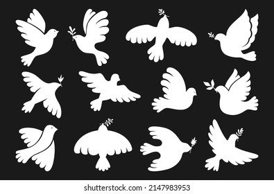 Peace symbol dove shape set. Flying bird dove with olive branch sign, peace and love pigeon icon. Freedom, humanity emblem peaceful and no war concept. Isolated silhouette simple logo design elements