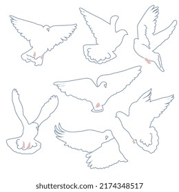 Peace symbol dove silhouette blue outline vector set isolated on white background