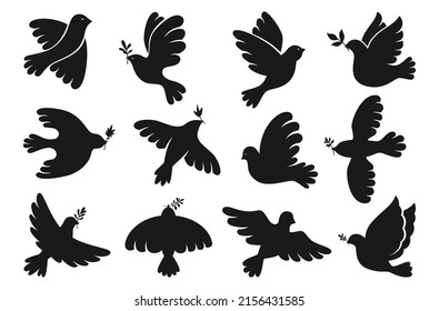 Peace Symbol Dove Silhouette Set. Freedom, Humanity Emblem Peaceful And No War Concept. Flying Bird Dove With Olive Branch Sign, Peace And Love Pigeon Icon. Isolated Shape Simple Logo Design Elements