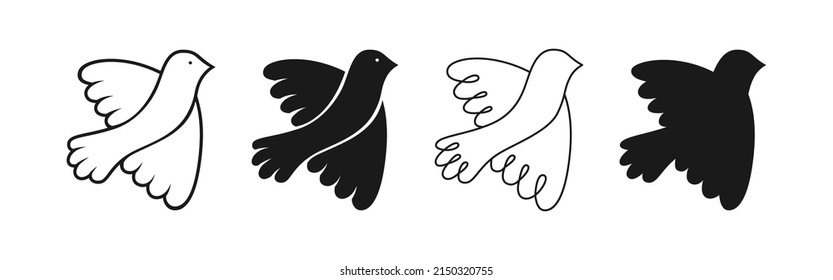 Peace symbol dove silhouette stamp, doodle outline set. Flying bird pigeon sign, pure dove icon. Freedom, Christian, humanity emblem peaceful and no war concept. Isolated logo graphic design elements