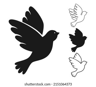 Peace symbol dove silhouette stamp, doodle outline set. Flying bird pigeon sign, pure dove icon. Freedom, Christian, humanity emblem peaceful and no war concept. Isolated minimal logo design elements