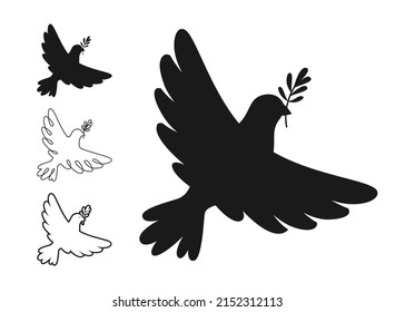 Peace symbol dove silhouette stamp, doodle outline set. Bird dove with olive branch sign, flying pigeon icon. Freedom, Christian, humanity emblem peaceful no war concept. Simple logo design elements