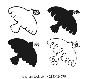 Peace symbol dove silhouette stamp, doodle outline set. Bird flying dove with olive branch sign, pigeon icon. Freedom, Christian, humanity emblem peaceful no war concept. Simple logo design elements