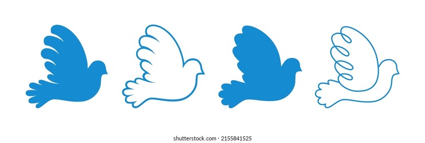 Peace symbol dove silhouette stamp, doodle outline set. No war concept, freedom, Christian, humanity peaceful emblem. Flying bird pigeon sign, pure holy dove icon. Isolated minimal logo design element