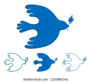 Peace symbol dove silhouette stamp, doodle outline set. Freedom, Christian, humanity emblem peaceful no war concept. Bird dove with olive branch sign, flying pigeon icon. Simple logo design elements