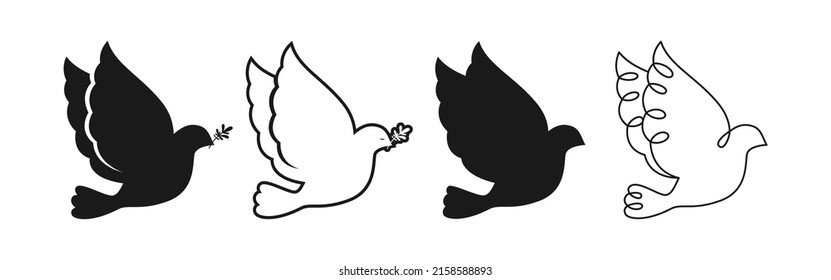 Peace symbol dove silhouette stamp, doodle outline set. Freedom, Christian, humanity emblem peaceful no war concept. Flying bird dove with olive branch sign, pigeon icon. Simple logo design elements