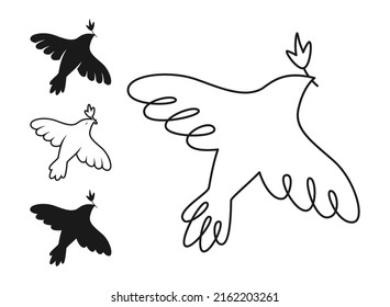 Peace symbol dove silhouette stamp, doodle outline set. Freedom, Christian, humanity emblem peaceful no war concept. Flying bird dove with olive branch sign, pigeon icon. Simple logo design elements