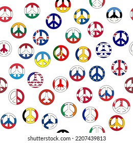 Peace symbol with flags of different countries from the world, seamless pattern