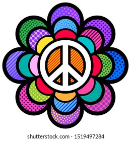 peace symbol, flower power pop art illustration for your design. isolated sign of freedom, love. colourful  logo.