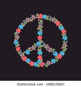 Peace symbol with flowers. Hippie symbol of the sixties. Flowers of different colors.