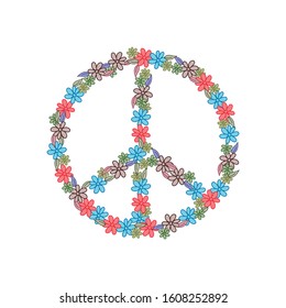 Peace symbol with flowers. Hippie symbol of the sixties. Flowers of different colors.