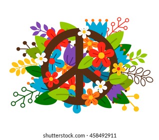 Peace symbol with flowers on white background. Vector illustration
