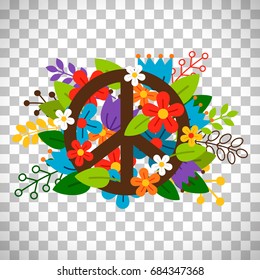 Peace symbol with flowers vector isolated on transparent background