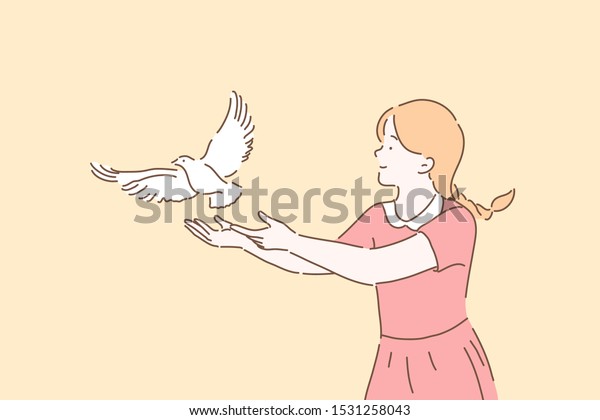 平和の象徴 自由の比喩のコンセプト 白いハトを放す女の子 自由にハトをセットする可愛い子 開いた手のジェスチャーで 女の子が鳥の世話をする 単純なフラットベクトル のベクター画像素材 ロイヤリティフリー
