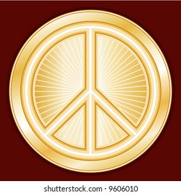 Peace Symbol. Golden international icon of peace on earth on a crimson gold ray background. EPS8 compatible.