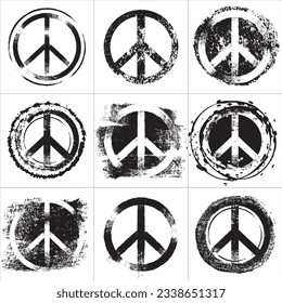 Peace symbol. Grunge pacific round signs. Black and white isolated vector illustration