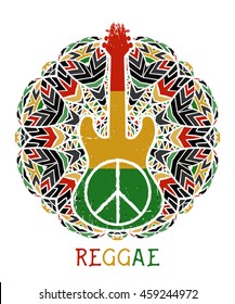 Peace symbol and guitar on ornate mandala background. Jamaica theme. Design concept in reggae colors for banner, card, t-shirt, bag, print, poster. Vector illustration
