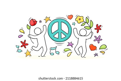 Peace symbol and happy people with flowers. Vector hand drawn illustration of doodle men, floral pattern and hippie and pacifists sign. Concept of peace, love and music