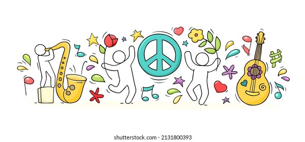 Peace symbol and happy people with flowers, guitar and sax. Vector hand drawn illustration of doodle men, floral pattern and hippie and pacifists sign. Concept of peace, love and music
