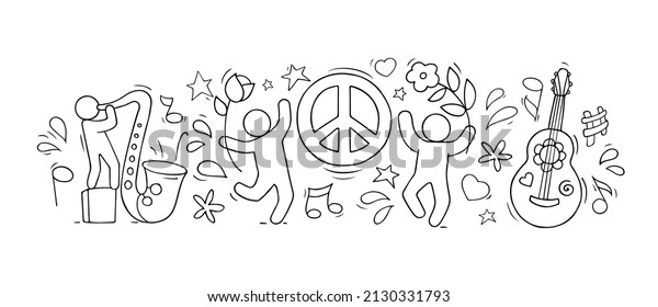Peace\
symbol and happy people with flowers, guitar and sax. Vector hand\
drawn illustration of doodle men, floral pattern and hippie and\
pacifists sign. Concept of peace, love and\
music