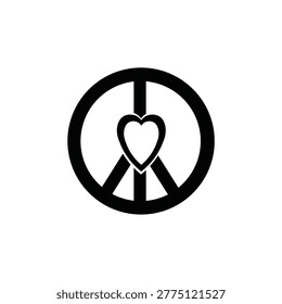 Peace symbol with heart center, solid black icon representing love, harmony, compassion, unity, kindness, anti-war, hope, and peaceful coexistence.