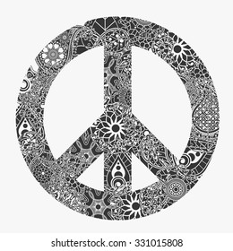 Peace symbol, hipster round pacifism sign,  Black and white hipster Floral-grunge art design, Hippie ornamental style. 