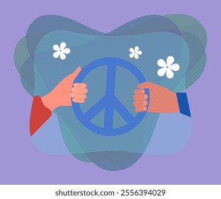 Peace symbol in human hands flat vector illustration. Multiethnic people holding peace symbol. White flowers in background. Nation protesting against violation, aggression. Freedom, patriotism concept